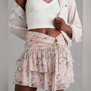 Anthropologie Pink Floral Ruched Mini Skirt S